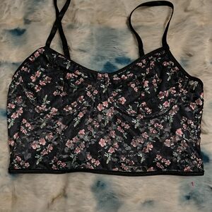 Floral Lace Longline Bralette - Black with Pink Floral